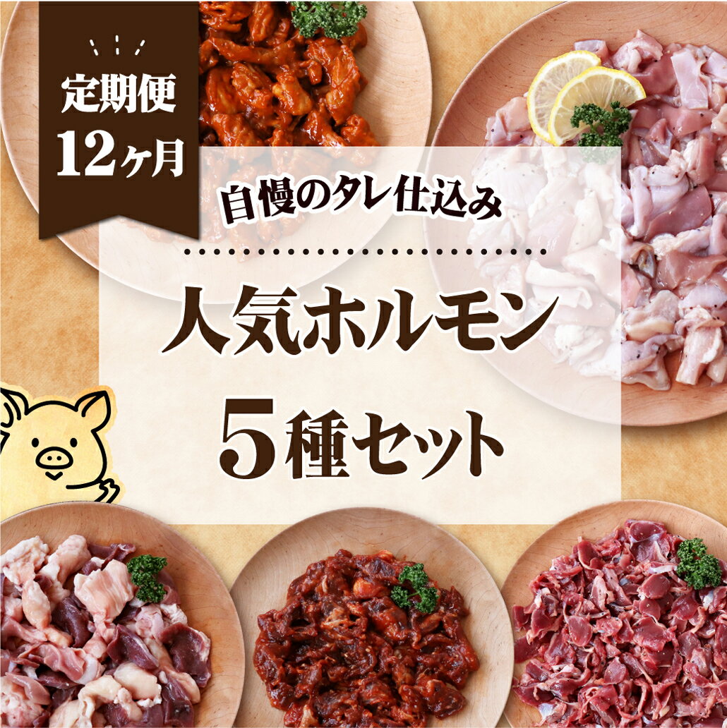 [全12回定期便]工場直送! 人気焼肉ホルモン 5種セット 総計16.8kg (各回1400g) 小分け 真空パック 愛されて49年のホルモン専門ブランド 甘辛味付け こどもも大好き 焼くだけ 簡単 長期保存可能 12ヶ月 冷凍 常備 個包装 おつまみ お中元 お歳暮 豊味館