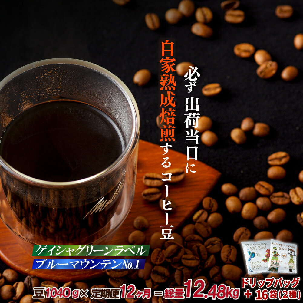 【ふるさと納税】《定期便》必ず出荷日に自家熟成焙煎ゲイシャ豆(640g)・ブルーマウンテンNo.1豆(400g)+ドリップバッグ16パック【12回お届け】
