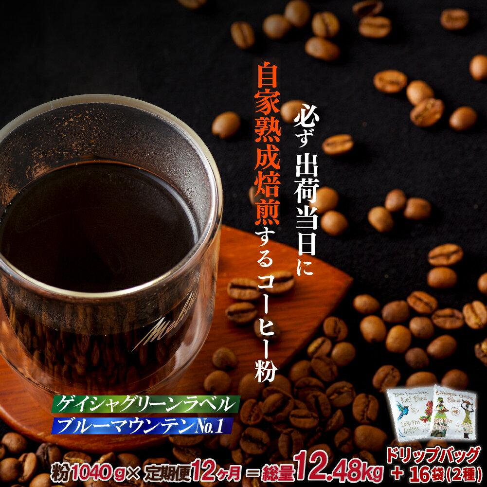 【ふるさと納税】《定期便》必ず出荷日に自家熟成焙煎ゲイシャ粉(640g)・ブルーマウンテンNo.1粉(400g)+ドリップバッグ16パック【12回お届け】