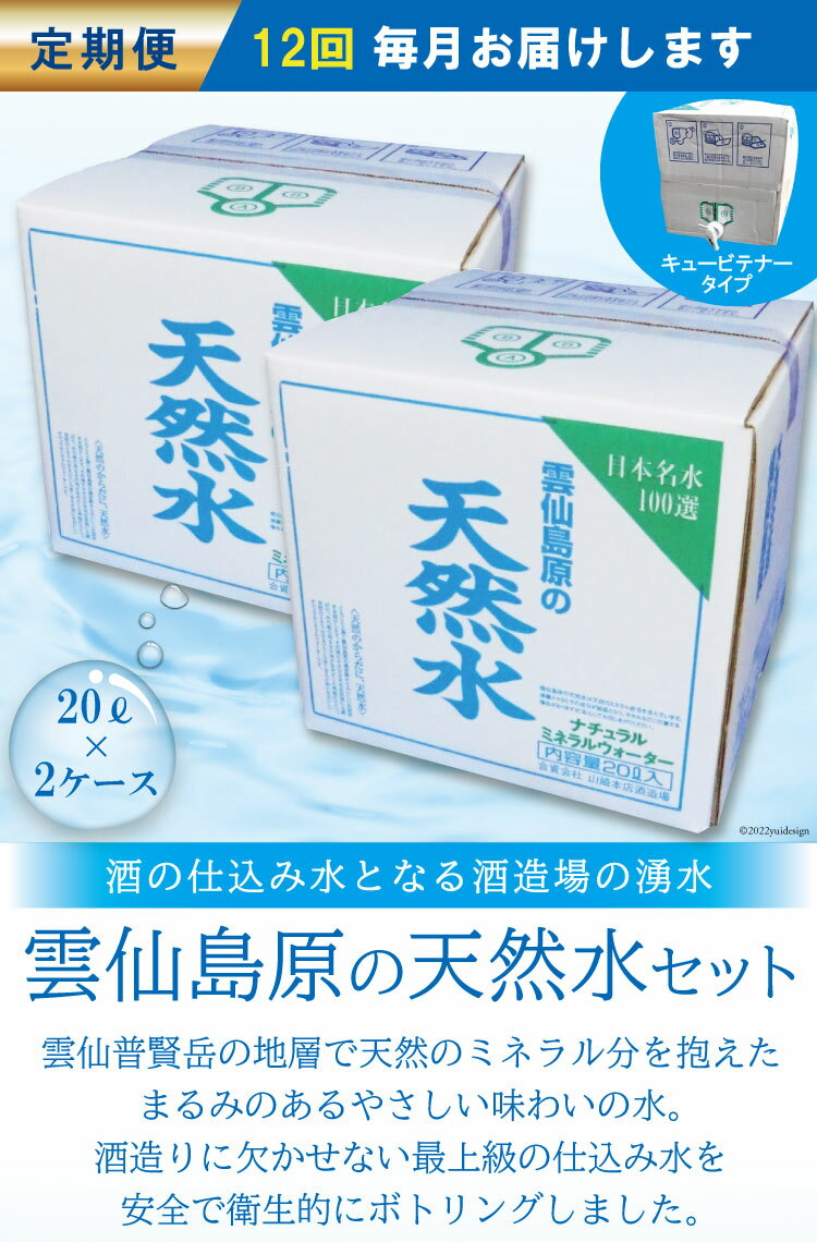 【ふるさと納税】 BD071 山崎本店酒造場 【12回定期便】 雲仙島原の天然水 20L 2箱 [ 水 天然水 おいしい 定期便 定期 1年 湧水 名水百選 大容量 日用品 軟水 長崎県 島原市 ]