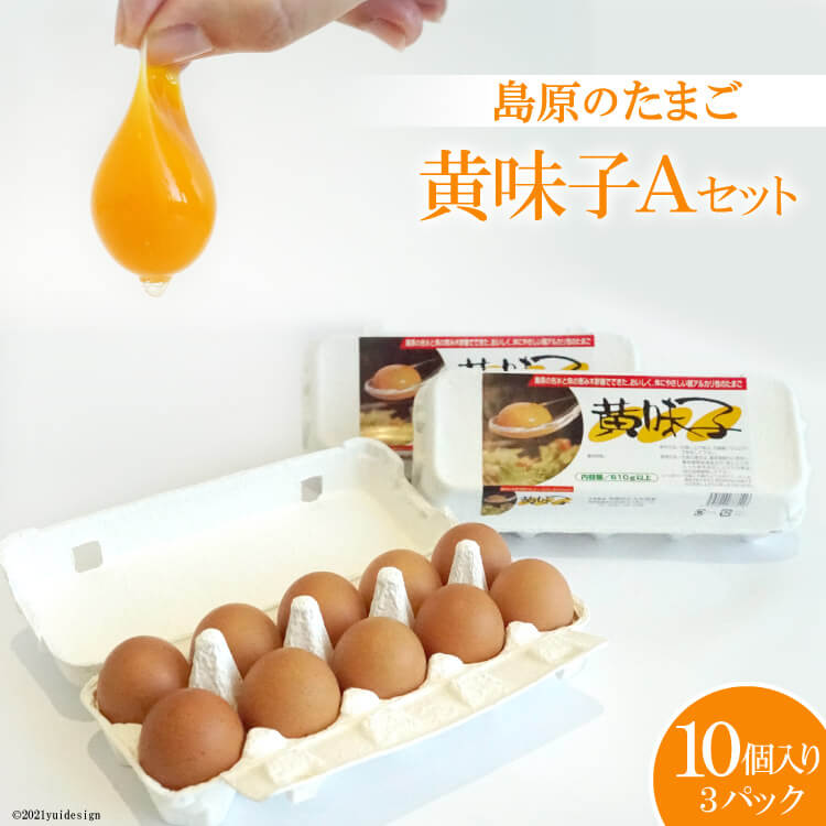 雲仙普賢岳のふもとで、70年以上の研究の末に生まれた自信作が黄味子です。水はミネラル、カリウム、カルシウムが豊富な島原の舞岳源水を使用し、飼料はヨモギや海藻など漢方効果のある素材を配合したものを与えております。 卵黄レシチン、卵黄タンパク質が多く含まれており、卵焼きやだし巻き卵がしっとりふっくらと焼き上がります。また、卵白の腰が強いのでメレンゲの泡が下がらず、ふっくらとボリュームのあるケーキが焼き上がります。 ※注意事項※ お届け後は冷蔵庫(10℃以下)で保存してください。 生食の場合は賞味期限内に使用してください（賞味期限は生食可能期限の目安です）。 賞味期限経過後および殻にヒビの入った卵は、早めに加熱調理してお召し上がりください。 返礼品詳細 名称 卵 原材料名 卵（長崎県島原産） 内容量 黄味子10個入り×3パック 賞味期限 夏季16日、冬季23日（各商品に表示します） ※出来るだけお早目にお召し上がりください。 保存方法 冷蔵庫（10℃以下）で保存 事業者 (有)丸松産業 ・ふるさと納税よくある質問はこちら ・寄附申込みのキャンセル、返礼品の変更・返品はできません。あらかじめご了承ください。