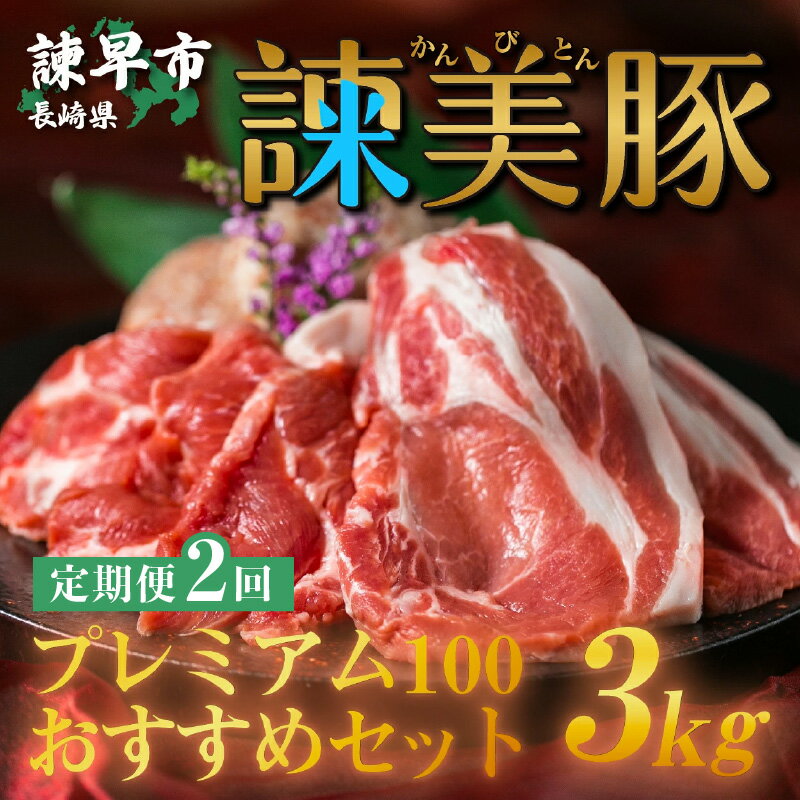 [2回定期便]諫早平野の米で育てた諫美豚プレミアム100お勧めセット3kg / 諫美豚 豚肉 肩ロース ステーキ モモ 切り落とし ハンバーグ ロースステーキ / 諫早市 / 株式会社土井農場 [AHAD023]