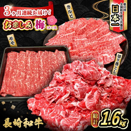 【3回定期便】長崎和牛お楽しみセット 梅コース（焼き肉 用 カルビ・すき焼き 用 モモ・切り落とし）/ 長崎和牛 和牛 牛肉 肉 / 大村市 / かとりストアー[ACAN065]