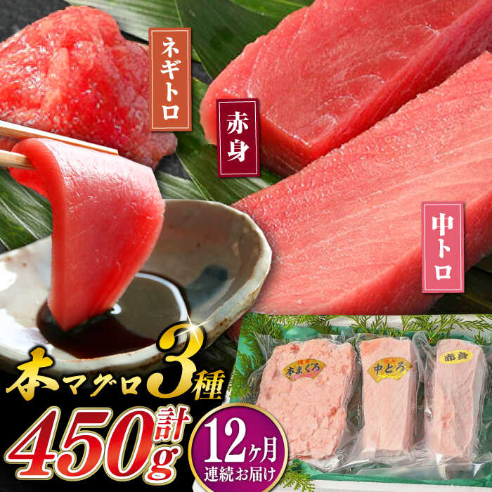 【ふるさと納税】【全12回定期便】対馬産 本マグロ 3種 計450g （ 赤身 / 中トロ / ネギトロ ）《対馬市》【対海】 新鮮 マグロ 鮪 本鮪 赤身 中トロ 大トロ ねぎとろ 海鮮 冷凍[WAH014]