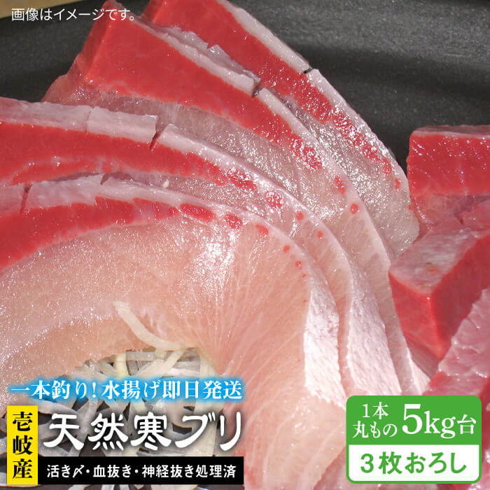 #/海産物/ブリ/単品/釣れたての鮮度を、 そのままお届け 魚は鮮度が命。適切な処理、及び冷蔵発送こそが美味しさの秘訣だと私たちは考えます。 私たちのこだわり お刺身や料理にも 嬉しいお声をいただきました！ 即日発送！！！ 一本釣りで活き〆、神経抜き、血抜き処理された鮮度抜群の天然寒ブリを水揚げ即日配送！ ※必ずお読みください ご不在などで受取りが出来ず、商品が返送になった場合の再送は出来かねますので、予めご了承ください。 商品説明 名称壱岐島産天然寒ブリ（5キロ台・3枚おろし） 内容量◆玄界灘の寒ぶり 3枚おろし ※頭と骨は煮物用としてカット処理済 配送方法冷蔵 配送期日1/16〜3月末まで ※必ず希望日を備考欄にご記入ください。 お届け先によっては、配達希望日時の2日前に発送する場合がございます。 あらかじめご了承ください。 消費期限発送日より冷蔵にて5日 提供事業者壱岐島 玄海屋 0920-44-5310 ※お読みください 離島のため、天候や船の運行状況により、お届け日が前後する場合がございます。※年末年始の物流量増加に伴い、日付指定通りのお届けが叶わない恐れがございます。 ご了承の上、お申込みいただきますようお願い申し上げます。 #/海産物/鮮魚/ブリ/ その他壱岐島天然寒ブリはこちら 壱岐島産天然寒ブリ（5キロ台・丸もの） 《壱岐市》【壱岐島　玄海屋】 ぶり/寒ぶり/ブリ/魚/刺身/しゃぶしゃぶ 壱岐島産天然寒ブリ（一本丸ものサイズ5キロ台の半身ブロック） 《壱岐市》【壱岐島　玄海屋】 ぶり/寒ぶり/ブリ/魚/刺身/しゃぶしゃぶ ※年末の申込について※ 12月は注文が集中するため、記載の配送期日通りのお届けができない場合がございます。 予めご了承ください。