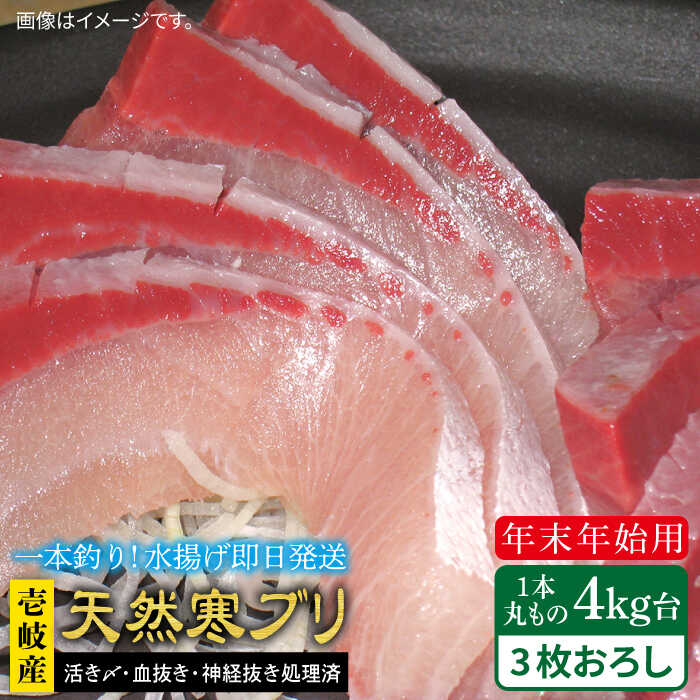 #/海産物/ブリ/単品/釣れたての鮮度を、 そのままお届け 魚は鮮度が命。適切な処理、及び冷蔵発送こそが美味しさの秘訣だと私たちは考えます。 私たちのこだわり お刺身や料理にも 即日発送！！！ 一本釣りで活き〆、神経抜き、血抜き処理された鮮度抜群の天然寒ブリを水揚げ即日配送！ ※必ずお読みください ご不在などで受取りが出来ず、商品が返送になった場合の再送は出来かねますので、予めご了承ください。 商品説明 名称【年末年始用】壱岐島産天然寒ブリ（4キロ台・3枚おろし） 内容量◆玄界灘の寒ぶり 3枚おろし ※頭と骨は煮物用としてカット処理済 配送方法冷蔵 配送期日11/1〜1/15配達 ※必ず希望日を備考欄にご記入ください。 お届け先によっては、配達希望日時の2日前に発送する場合がございます。 あらかじめご了承ください。【お届け不可：1月2日〜1月6日着指定不可（1月7日以降お届け可能）】 消費期限発送日より冷蔵にて5日 提供事業者壱岐島 玄海屋 0920-44-5310 ※お読みください 離島のため、天候や船の運行状況により、お届け日が前後する場合がございます。※年末年始の物流量増加に伴い、日付指定通りのお届けが叶わない恐れがございます。 ご了承の上、お申込みいただきますようお願い申し上げます。 #/海産物/鮮魚/ブリ/ その他壱岐島天然寒ブリはこちら 【年末年始用】壱岐島産天然寒ブリ（4キロ台・丸もの） 《壱岐市》【壱岐島　玄海屋】 ぶり/寒ぶり/ブリ/魚/刺身/しゃぶしゃぶ 【年末年始用】壱岐島産天然寒ブリ（一本丸ものサイズ4キロ台の半身ブロック） 《壱岐市》【壱岐島　玄海屋】 ぶり/寒ぶり/ブリ/魚/刺身/しゃぶしゃぶ ※年末の申込について※ 12月は注文が集中するため、記載の配送期日通りのお届けができない場合がございます。 予めご了承ください。