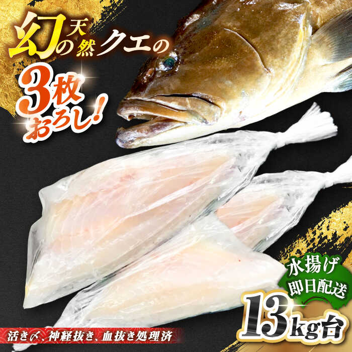 #/海産物/クエ/釣れたての鮮度を、 そのままお届け 魚は鮮度が命。適切な処理、及び冷蔵発送こそが美味しさの秘訣だと私たちは考えます。 私たちのこだわり 一本釣りで活き〆、神経抜き、血抜き処理された鮮度抜群の天然クエを水揚げ即日発送！ お刺身や鍋にも 即日発送！！！ 注意事項 ※必ずお読みください ご不在などで受取りが出来ず、商品が返送になった場合の再送は出来かねますので、予めご了承ください。 商品説明 名称天然クエ（13キロ台・3枚おろし） 内容量◆玄界灘壱岐島産の天然クエ 丸ものを3枚おろし ※頭、カマ、骨も丸1匹分（頭、骨は煮物用にカット処理） 配送方法冷蔵 配送期日9/1〜2月末配達 ※必ず希望日を備考欄にご記入ください。 お届け先によっては、配達希望日時の2日前に発送する場合がございます。 あらかじめご了承ください。 消費期限発送日より冷蔵にて5日 提供事業者壱岐島 玄海屋 0920-44-5310 ※お読みください 離島のため、天候や船の運行状況により、お届け日が前後する場合がございます。※年末年始の物流量増加に伴い、日付指定通りのお届けが叶わない恐れがございます。 ご了承の上、お申込みいただきますようお願い申し上げます。 #/海産物/鮮魚/クエ/ その他壱岐島天然クエはこちら 天然クエ（13キロ台・丸もの） 《壱岐市》【壱岐島　玄海屋】 クエ/魚/刺身/しゃぶしゃぶ ※年末の申込について※ 12月は注文が集中するため、記載の配送期日通りのお届けができない場合がございます。 予めご了承ください。