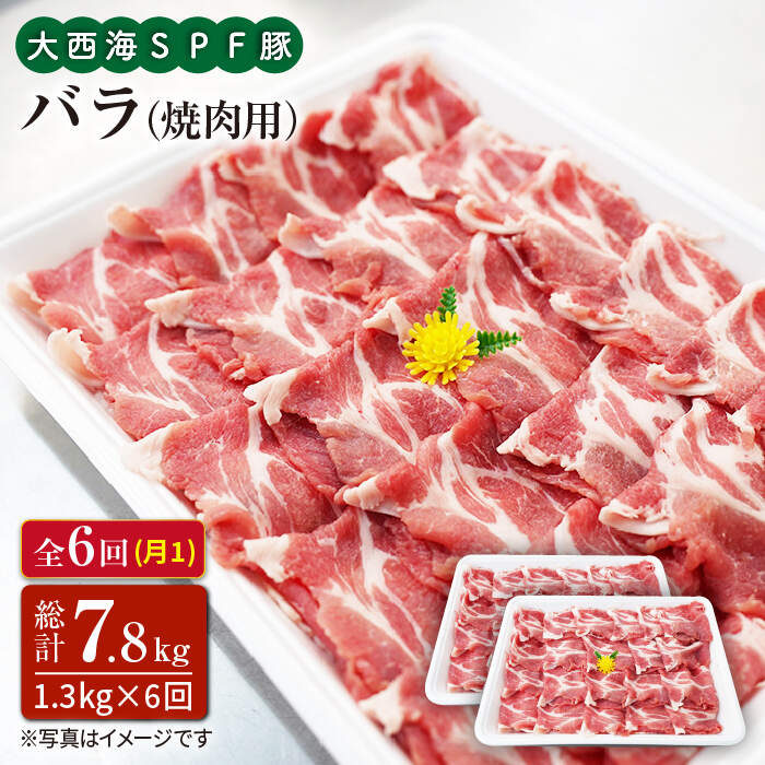 【訳あり】【月1回1.3kg×6回定期便】大西海SPF豚 バラ（焼肉用）計7.8kg＜大西海ファーム [CEK083]