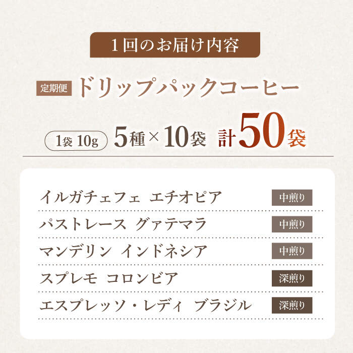 【ふるさと納税】【飲み比べ】【6回定期便】ドリップバック 自家焙煎コーヒー 50袋（5種類×10袋） ＜giko coffee＞ [CFK036]