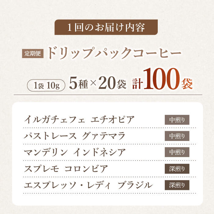 【ふるさと納税】【飲み比べ】【3回定期便】ドリップバック 自家焙煎コーヒー 100袋（5種類×20袋） ＜giko coffee＞ [CFK038]