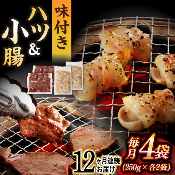 牛肉(ハツ)人気ランク3位　口コミ数「0件」評価「0」「【ふるさと納税】【全12回定期便】【塩だれ味】九州産和牛 ホルモン 2種 計1kg（ ハツ 250g×2袋・ 小腸 250g×2袋） 長与町/岩永ホルモン [EAX141] 国産 牛肉 ホルモンセット 冷凍」