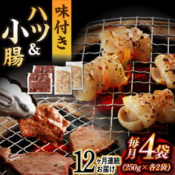 【ふるさと納税】【全12回定期便】【塩だれ味】九州産和牛 ホルモン 2種 計1kg（ ハツ 250g×2袋・ 小腸 250g×2袋） 長与町/岩永ホルモン [EAX141] 国産 牛肉 ホルモンセット 冷凍