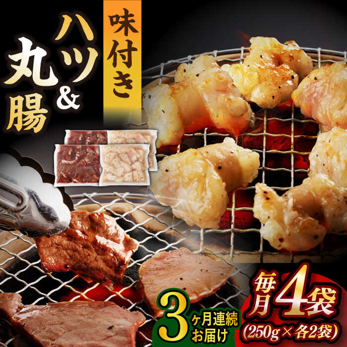 牛肉(ハツ)人気ランク12位　口コミ数「0件」評価「0」「【ふるさと納税】【全3回定期便】【塩だれ味】九州産和牛 ホルモン 2種 計1kg（ ハツ 250g×2袋・ 丸腸 250g×2袋） 長与町/岩永ホルモン [EAX143] 国産 牛肉 ホルモンセット 冷凍」