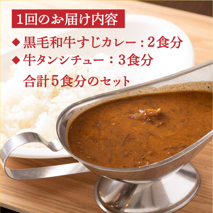 【ふるさと納税】【12回定期便】黒毛和牛すじカレー＆牛タンシチュー5食セット / カレー 牛すじカレー 牛すじ 牛タン タンシチュー 黒毛和牛 タン 肉 レトルト 長崎 長与町＜炭火焼肉あおい＞ [EBW005]