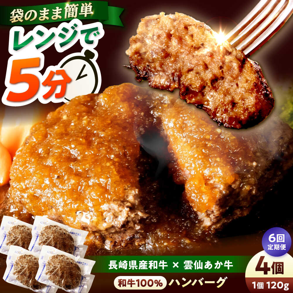 【ふるさと納税】【6回定期便】 【レンジ調理】 和牛100％ハンバーグ4個 長崎県産和牛と希少あか牛（A4またはA5ランク） 長与町/炭火焼肉あおい[EBW080]