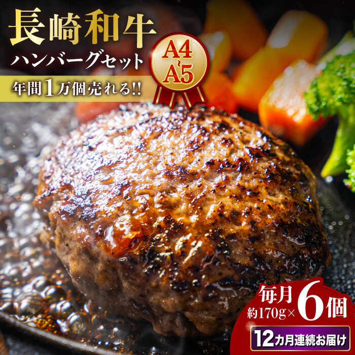 【ふるさと納税】【12回定期便】【年間1万個売れる！】A4-A5 長崎和牛 ハンバーグセット 約170g×6個 長与町/meat shop FUKU[ECS008] 国産 長崎 和牛 肉 定期便 定期 毎月 届く 冷凍