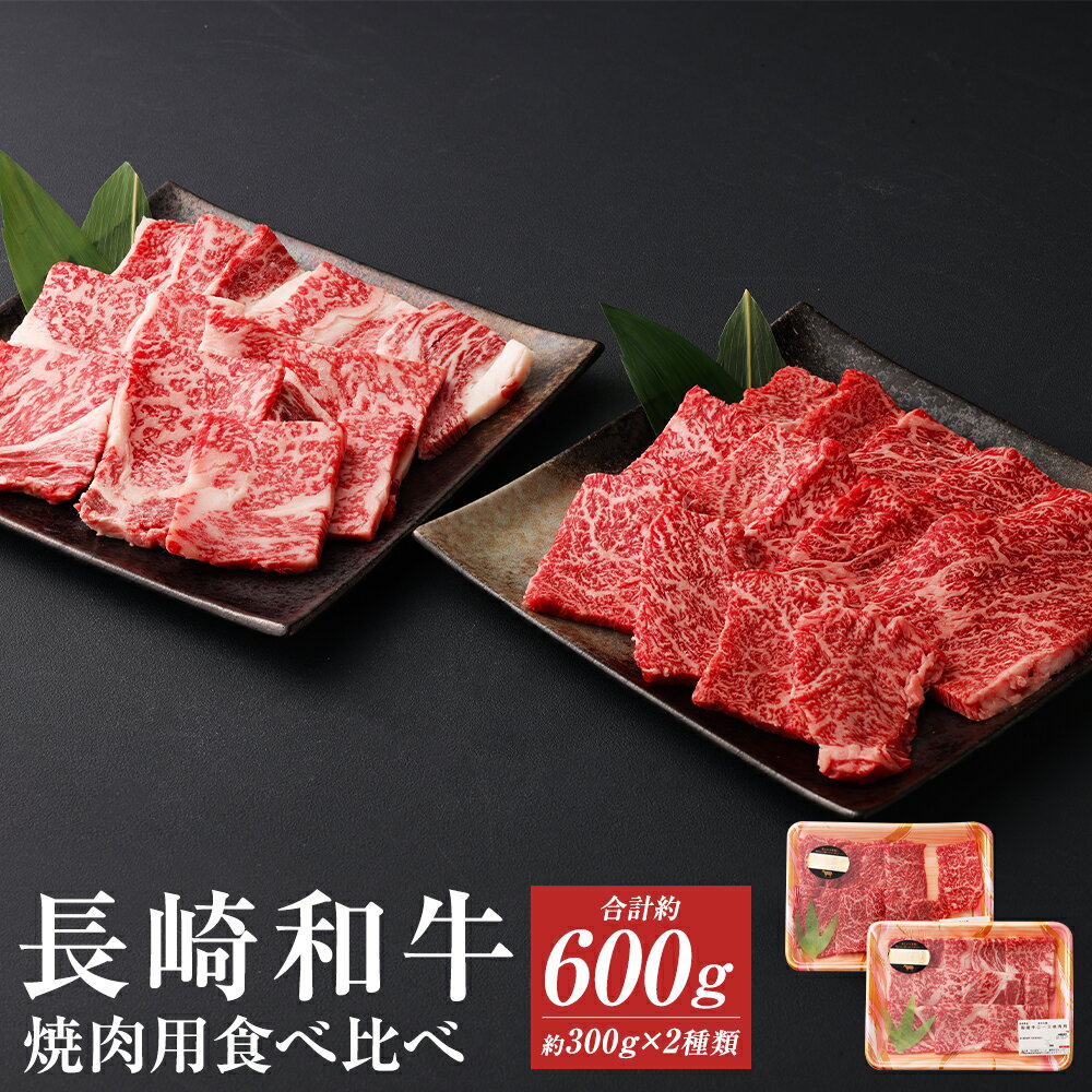 長崎和牛 焼肉用 食べ比べ セット 合計約600g 約300g×各1パック 3〜4人前 カルビ ロース 和牛 お肉 牛肉 カット済み 焼き肉 長崎県産 九州産 国産 冷凍 送料無料