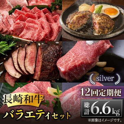 【全12回定期便】長崎和牛 バラエティセット「シルバー」 総計6.6kg 肉 お肉 牛肉 和牛 もも ランプ カルビ ロース ハンバーグ ローストビーフ しゃぶしゃぶ ステーキ 希少部位 東彼杵町/黒牛 [BBU012]