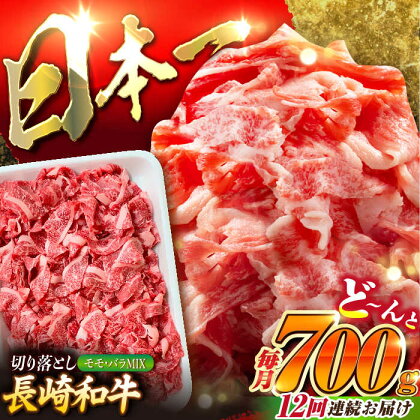 【全12回定期便】長崎和牛 バラ・もも 切り落とし 計8.4kg (約700g×12回) 肉 お肉 牛肉 赤身 和牛 切り落とし バラ もも 東彼杵町/黒牛 [BBU019]