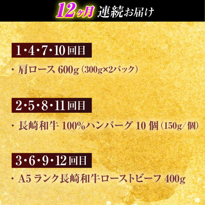 【ふるさと納税】【全12回定期便】長崎和牛 牛肉（肩ロース・ハンバーグ・ローストビーフ）定期便 約10kg【有限会社長崎フードサービス】[OCD026] / ハンバーグ ローストビーフ 肩ロース スライス スライス肉 国産牛 和牛 ストック 食べ比べ