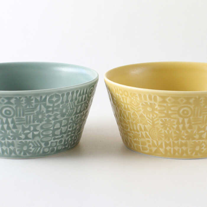 【ふるさと納税】【波佐見焼】PATTERNED BOWL ペア 2点セット squall gray ＋ yellow【BIRDS’ WORDS】 [CF023]