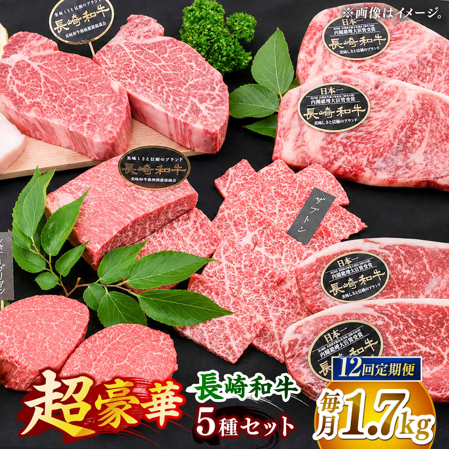 【全12回定期便】「希少部位 食べ比べ 」長崎和牛 贅沢 ステーキ 5種 堪能セット 計20.4kg （約1.7kg/回）【黒牛】[DBZ084]