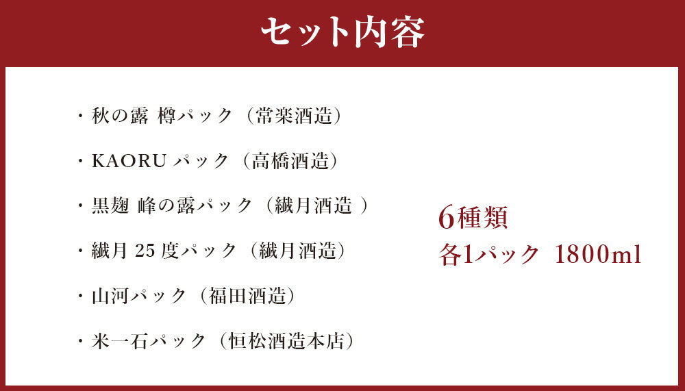 【ふるさと納税】球磨焼酎を自分用で楽しみたい方向けのパック焼酎飲み比べセット 6種類 各1パック 1800ml 合計10.8L 詰合せ 球磨焼酎 米焼酎 お酒 酒 パック 飲み比べ セット 人吉 球磨 熊本県 送料無料