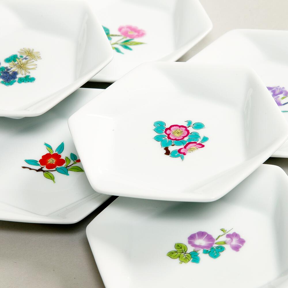 高浜焼 肥後六花 六角小皿セット 6枚 6種 和食器 豆皿 花柄 小皿 焼き物 陶石 お皿 九州 熊本県 送料無料