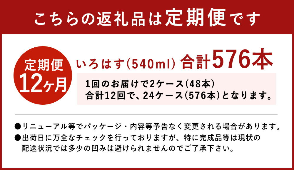 【ふるさと納税】【定期便12ヶ月】い・ろ・は・す（いろはす）阿蘇の天然水 540mlPET×24本（2ケース）計48本×12回 合計576本 ナチュラル ミネラルウォーター 水 飲料水 みず ドリンク ペットボトル 九州 熊本県 送料無料