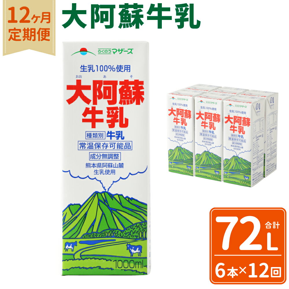 【12ヶ月定期便】大阿蘇牛乳 1L×6本×12ヶ月 合計72L 紙パック 牛乳 成分無調整牛乳 乳飲料 乳性飲料 ドリンク 飲み物 飲料 セット 常温保存可能 ロングライフ 九州 熊本県 送料無料