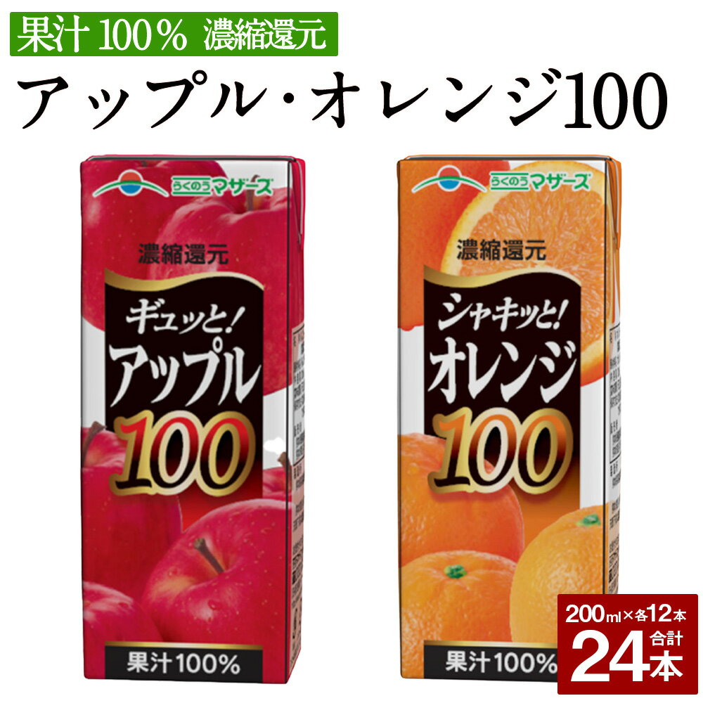 アップル100とオレンジ100のセット 合計24本 200ml×各12本 合計4,800ml 4.8L 2種 セット アップルジュース 林檎 りんご リンゴ ジュース オレンジジュース オレンジ みかん みかんジュース 果汁100% 紙パック 長期保存 常温 九州 熊本県 送料無料