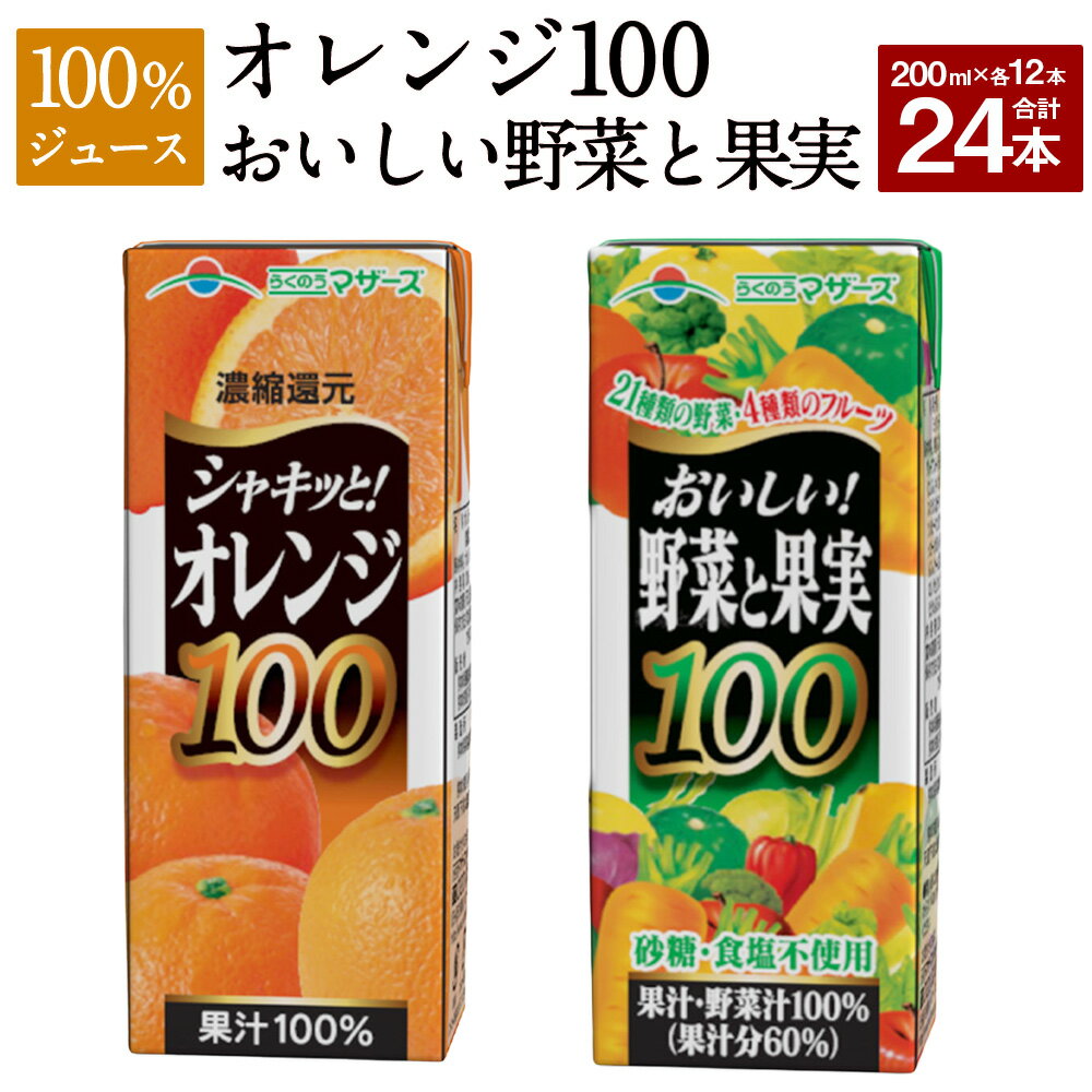 オレンジ100とおいしい野菜と果実のセット 合計24本 200ml×各12本 合計4,800ml 4.8L 2種 セット オレンジジュース オレンジ みかん みかんジュース 果汁100% ジュース 100%ジュース ミックスジュース 紙パック 常温 長期保存 九州 熊本県 送料無料