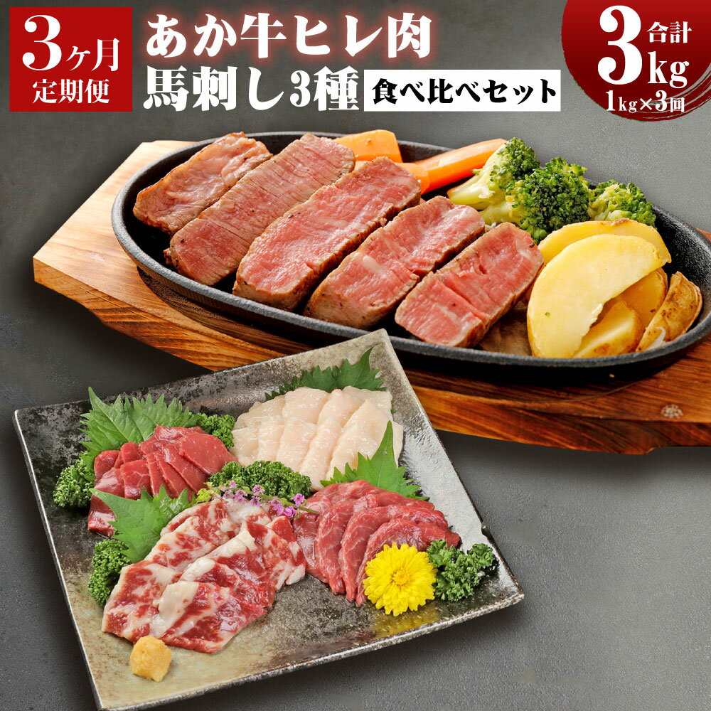 【3ヶ月定期便】くまもとあか牛ヒレ肉 馬刺し 食べ比べセット 1kg×3回 合計3kg ヒレ肉 合計2.4kg 馬刺し 合計600g(赤身300g・霜降り150g・たてがみ150g) ステーキ 牛肉 あか牛 食べ比べ 冷凍 定期便 熊本県 九州 送料無料