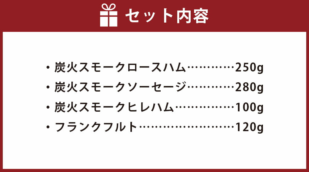 【ふるさと納税】ハム・ソーセージ詰め合わせ（AN-6）合計750g 4点 炭火スモークロースハム 炭火スモークソーセージ 炭火スモークヒレハム フランクフルト ソーセージ 豚肉 肉 お肉 セット おつまみ お取り寄せ グルメ ギフト 九州 熊本県 送料無料