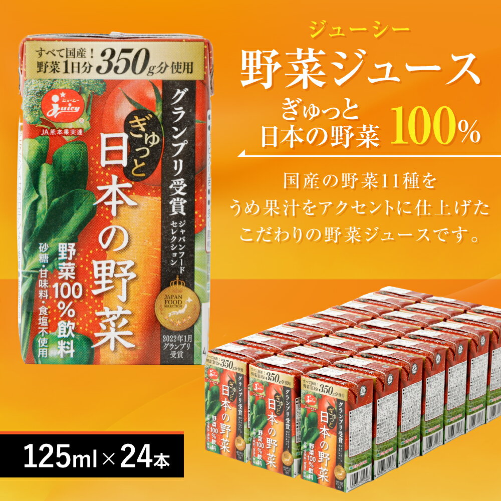 【ふるさと納税】野菜飲料初！ジャパンフードセレクション グランプリ受賞 ジューシー 野菜ジュース ぎゅっと日本の野菜100％ 125ml×24本 合計3L 3000ml 1日分の野菜 にんじん トマト ほうれん草 ピーマン あしたば キャベツ クレソン 紙パック 国産 九州 熊本県 送料無料