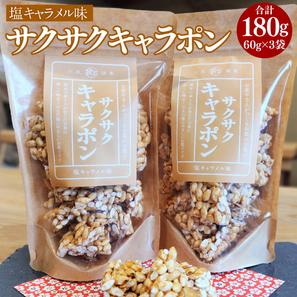 サクサクキャラポン 塩キャラメル味 60g×3袋 合計180g ぽん菓子 ポン菓子 お菓子 駄菓子 おやつ キャラメル フレーバー グルテンフリー パウチタウイプ 熊本県産 国産 常温 熊本県 熊本市 送料無料