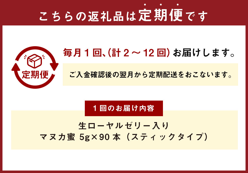 【ふるさと納税】＜選べる単品・定期便＞生ローヤルゼリー入り マヌカ蜜 1回あたり計450g（5g×90本） 1ヶ月毎 2～12回 スティックタイプ はちみつ ハチミツ 蜂蜜 マヌカハニー モノフローラル・マヌカハニー ニュージーランド産 健康づくり 杉養蜂園 熊本県 熊本市 送料無料