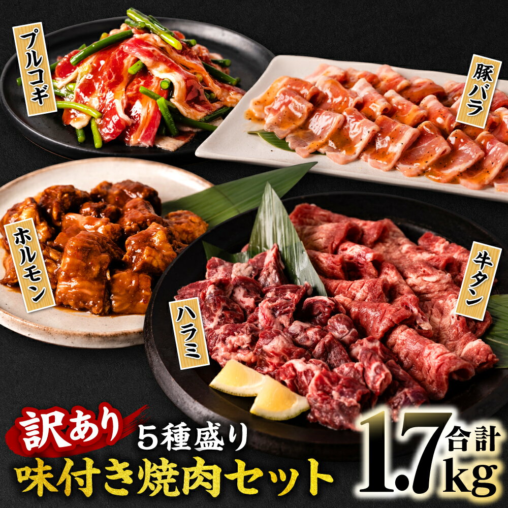 [訳あり]焼肉 セット 5種盛り 計1.7kg 食べ比べ タン ハラミ ホルモン プルコギ カルビ 味付き 牛タン 牛肉 豚肉 冷凍 焼き肉 人気 BBQ 送料無料