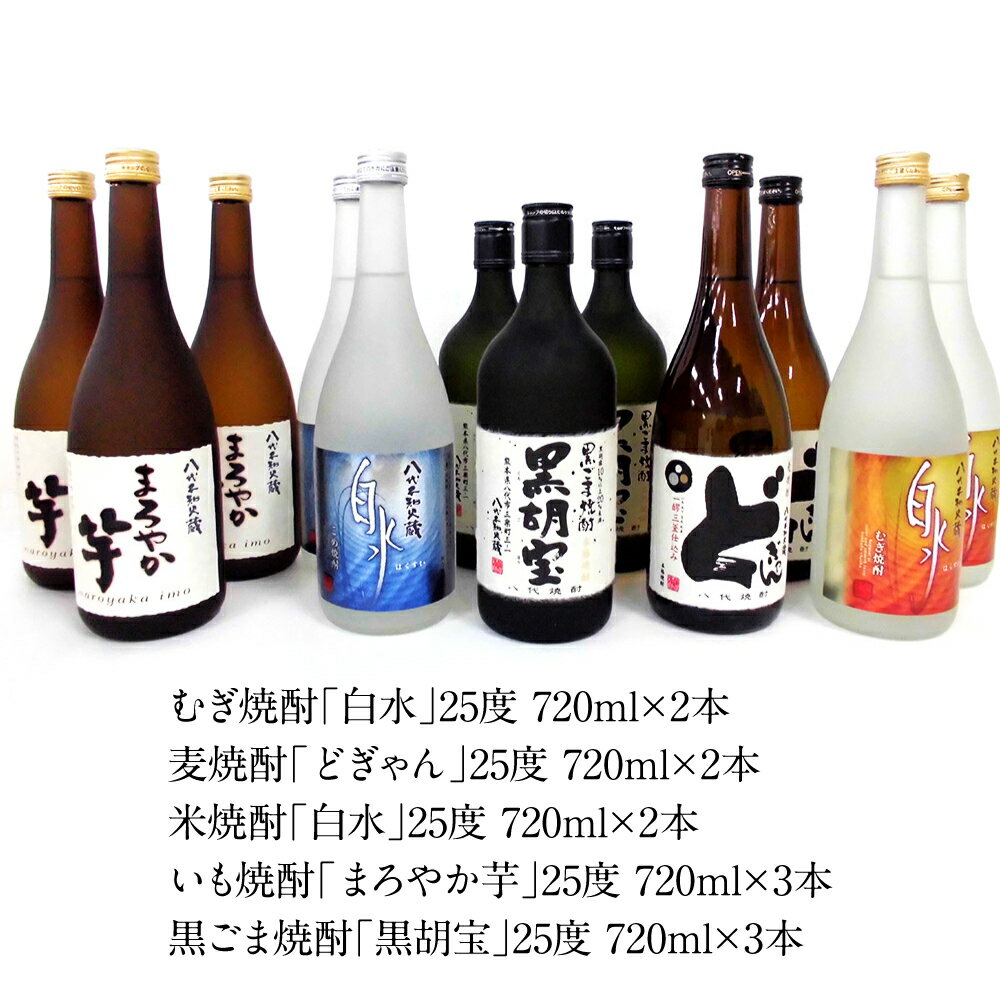 【ふるさと納税】八代市 焼酎米 麦 いも 黒胡麻 飲み比べ 25度 720ml×12本 お取り寄せ 焼酎セット 飲み比べセット ギフト 手土産 八代産 熊本産 九州産 国産 常温 送料無料