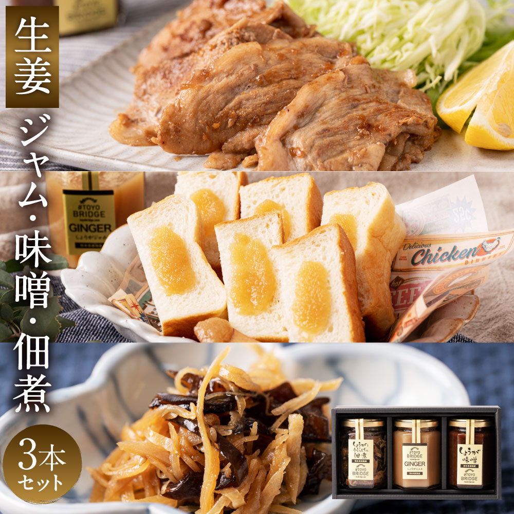 【ふるさと納税】生姜ジャム 生姜味噌 生姜ときくらげの佃煮 3本セット 調味料 セット 詰め合わせ しょうが みそ つくだに 惣菜 ご飯のお供 箱入り 熊本県 八代市 東陽町 送料無料のサムネイル