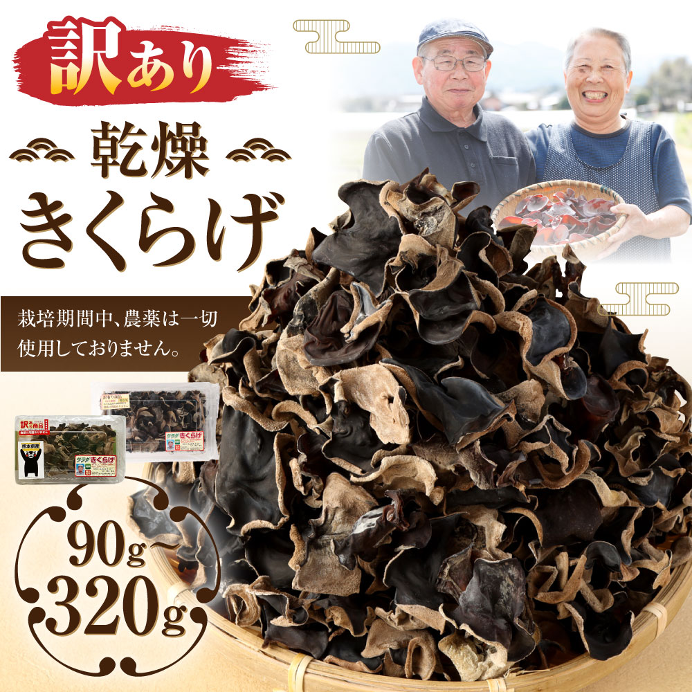 【ふるさと納税】【訳あり】熊本県産 乾燥きくらげ 90g(30g×3パック)/320g(80g×4パック) 選べる内容量 訳アリ ご家庭用 栽培期間中農薬不使用 乾燥きくらげ 乾燥キクラゲ 乾燥木耳 食物繊維 野菜 健康 きのこ キノコ 国産 人吉市産 送料無料