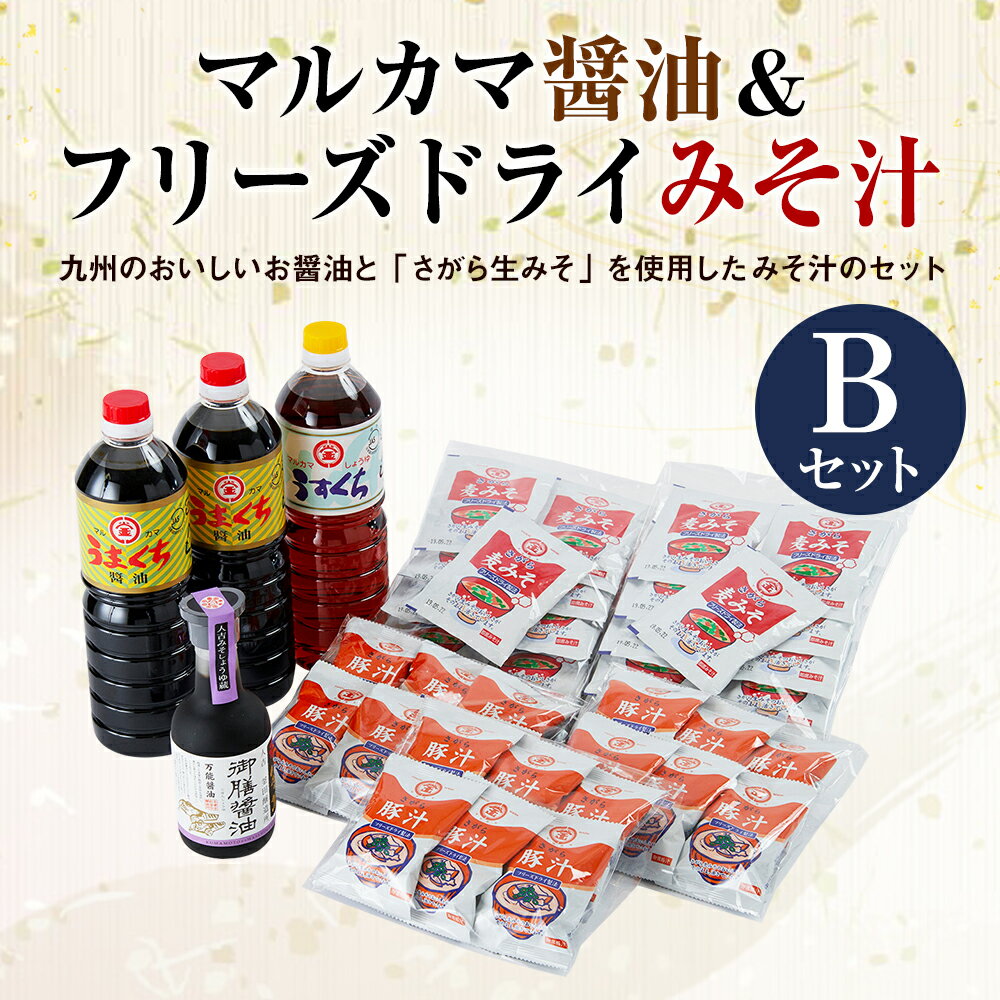 【ふるさと納税】マルカマ醤油＆フリーズドライみそ汁 Bセット うまくち醤油1L×2本 うすくち醤油1L×1本 御膳醤油300ml×1本 九州のしょうゆ 調味料 詰合せ みそ汁20食 豚汁18食 インスタント 簡単調理 国産 送料無料