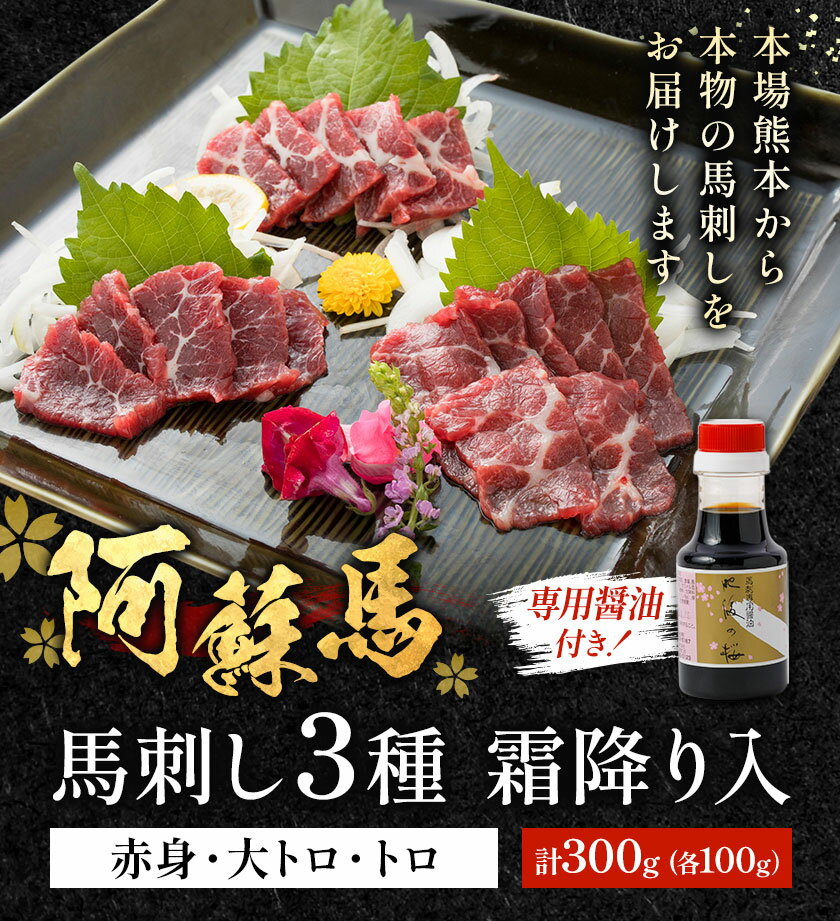 【ふるさと納税】阿蘇馬 馬刺し3種 霜降り入 ( 赤身・大トロ・トロ ) 300g 専用醤油付き 150ml×1本 阿蘇牧場 《60日以内に出荷予定(土日祝を除く)》 熊本県 荒尾市 馬刺し 馬肉 肉 霜降り 冷凍 赤身 大トロ トロ
