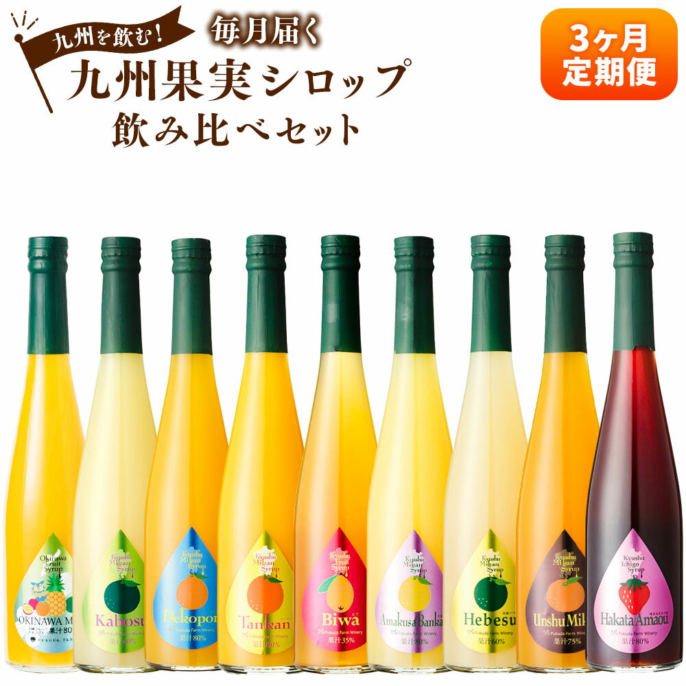  九州を飲む！ 毎月届く九州果実シロップ 飲み比べセット 合計4.5L 500ml×3本×3回 合計9本 定期便 あまおう みかん ヘベス 晩柑 びわ タンカン デコポン カボス 柑橘 トロピカル フルーツ 果実 シロップ 果汁 国産 九州 送料無料