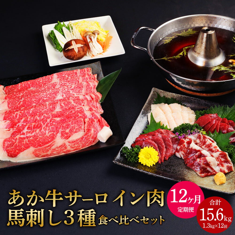 【定期便12か月】あか牛 すきやき・しゃぶしゃぶ用 サーロイン肉 馬刺し 食べ比べセット 合計15.6kg 1.3kg×12回 サーロイン肉1kg（500g×2パック）馬刺し300g 牛肉 赤牛 馬肉 刺し身 赤身 たてがみ 熊本県産 九州産 国産 冷凍 送料無料