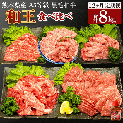 【12ヶ月定期便】熊本県産 A5等級 黒毛和牛 和王 食べ比べ 合計8kg モモ 肩ロース うで スライス 小間切れ 赤身 焼き肉 タレ付き 牛肉 和牛 国産 熊本 冷凍 送料無料