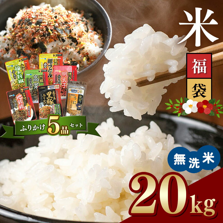 無洗米 20kg 福袋 九州 グルメ ふりかけ 5品 うに ふりかけ と ランダム 4 種類 の ふりかけ 20キロ こめ ブレンド米 大容量 お徳用 家庭用 送料無料 熊本 コロナ支援