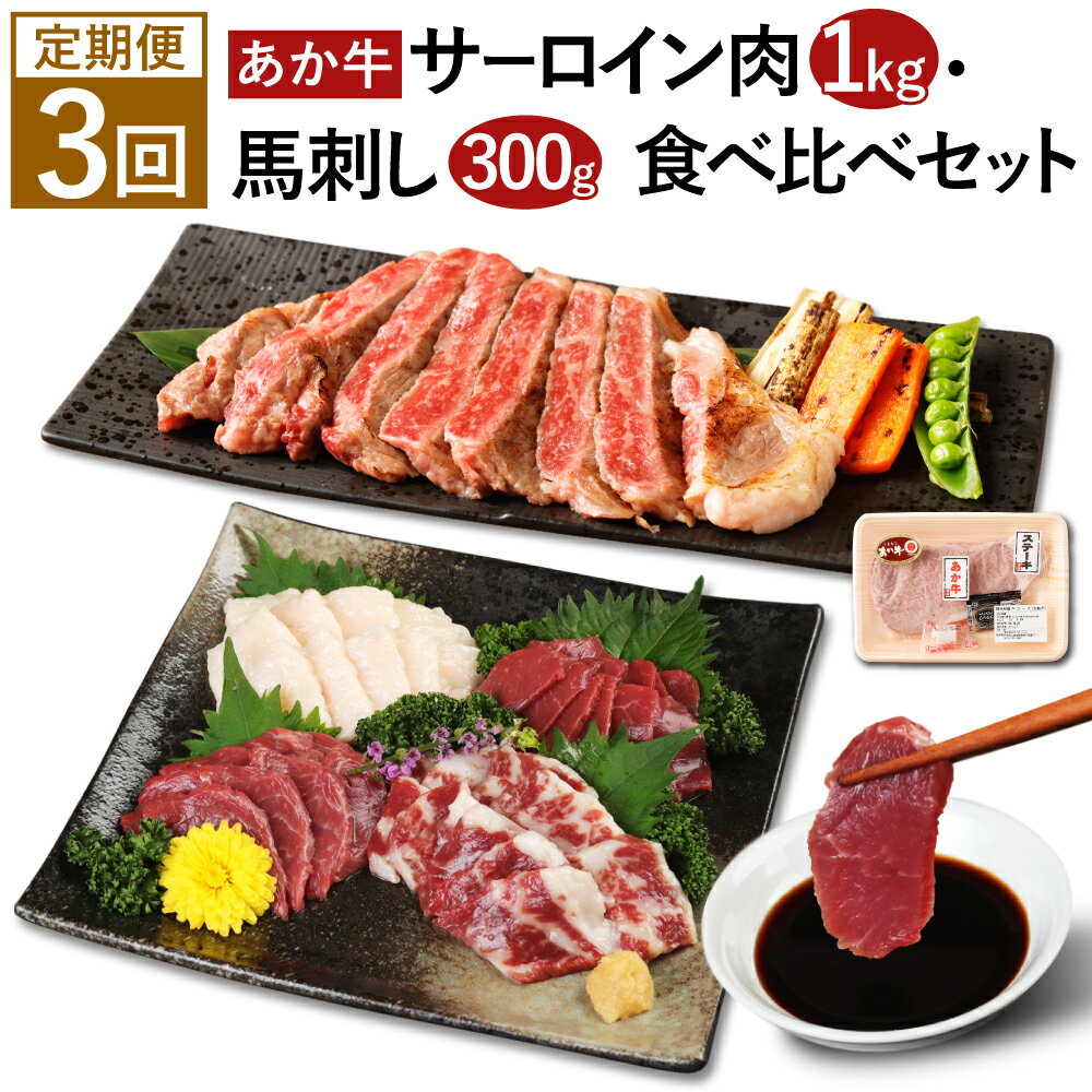 【ふるさと納税】【定期便3回】あか牛 サーロイン肉 1kg・馬刺し 300g 食べ比べセット 赤牛 牛肉 ステーキ用サーロイン肉 サーロイン 馬肉 赤身 霜降り たてがみ 肉 お肉 食べ比べ 国産 九州産 熊本県産 菊池市 冷凍 定期便 3ヶ月お届け 3回お届け 送料無料