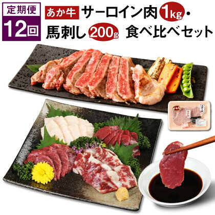 【定期便12回】あか牛 サーロイン肉 1kg・馬刺し 200g 食べ比べセット 赤牛 牛肉 ステーキ用サーロイン肉 サーロイン 馬肉 赤身 霜降り たてがみ 肉 お肉 食べ比べ 国産 九州産 熊本県産 菊池市 冷凍 定期便 12ヶ月 12ヶ月お届け 送料無料