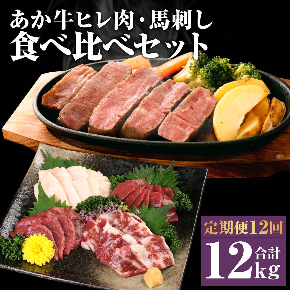 【定期便12回】あか牛 ヒレ肉 800g(6枚前後) 馬刺し 3種類 合計12kg 12ヶ月 食べ比べ セット 詰め合わせ お肉 あかうし 赤牛 国産和牛 和牛 ステーキ 馬肉 赤身 霜降り たてがみ 熊本県産 九州産 国産 冷凍 送料無料